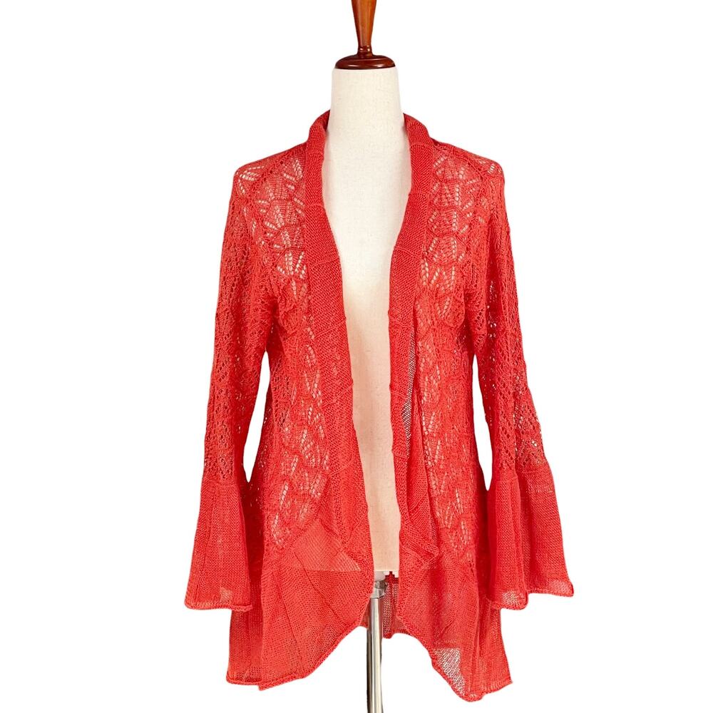 CITRON SANTA MONICA Pointelle Knit Bell-Sleeve Open Cardigan M Fire Red-Orange